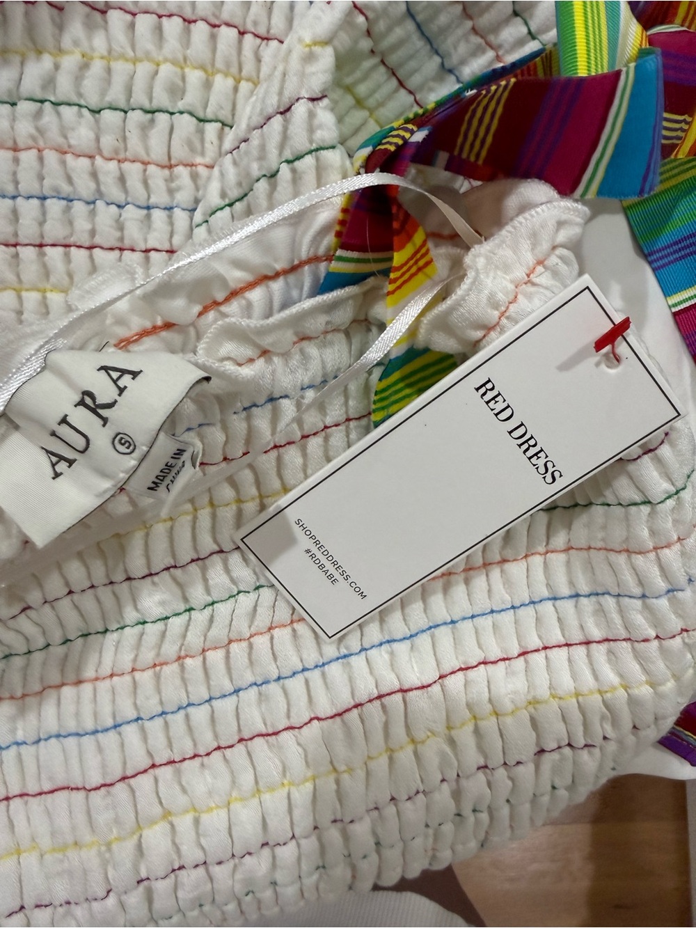 Aura White Smocked Dress with Rainbow Tie Straps from Red Dress Small - Picture 6 of 6